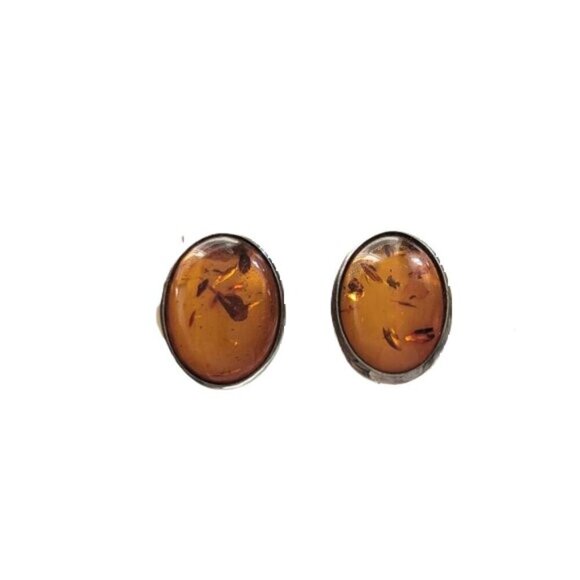 Vintage Amber Silver Oval Pierced Earrings Festival Hippie Natural Boho - Picture 1 of 7